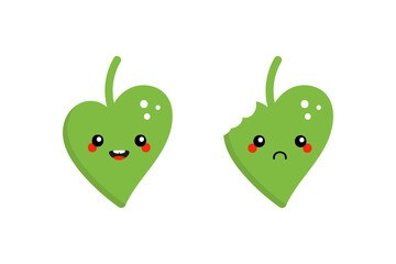 Couple of cute cartoon style green leaves characters smiling, happy and sad with bite mark.