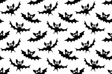 Flying bats seamless pattern. Cute Spooky vector Illustration. Halloween backgrounds and textures in flat cartoon gothic style. Black silhouettes animals on sky