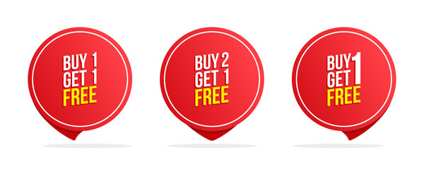 Buy one get one free bogo label templates. Special offer commercial circle badges set for discount shopping, promotion and advertising. Vector illustration.