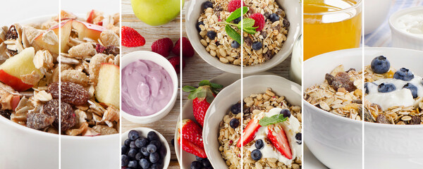 Collage of Muesli with different fresh berries and toppings for breakfast.