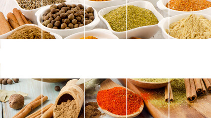 Collage of spices assortment. Food ingridients.