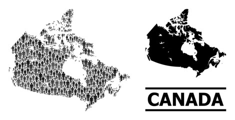 Map of Canada for national propaganda. Vector demographics collage. Collage map of Canada organized of population pictograms. Demographic concept in dark grey color variations.