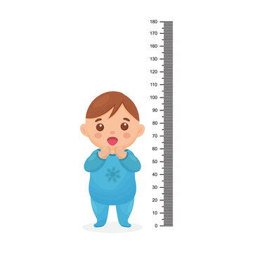 Kids meter wall with a cute cartoon boy and measuring ruler. Vector illustration of an boy isolated background.
