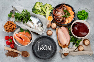 Food high in iron on light gray background. Healthy eating concept.