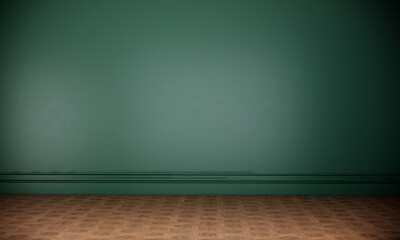 Empty room with green color wall and wooden floor room interior design 3d rendering background
