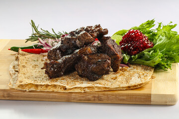 Lamb kebab shashlik barbeque over board