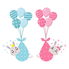 Cute baby rabbit being delivered via balloons. Baby gender reveal boy or girl. Flat vector cartoon design.