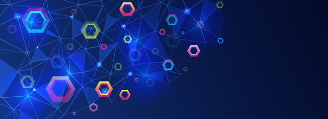 Abstract background with triangles and multicolored hexagons on a blue background. Cyber security for business and internet project. Abstract futuristic background. Hi-tech business presentation.