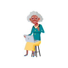 elderly african woman surfing in internet on computer cartoon vector. elderly african woman surfing in internet on computer character. isolated flat cartoon illustration