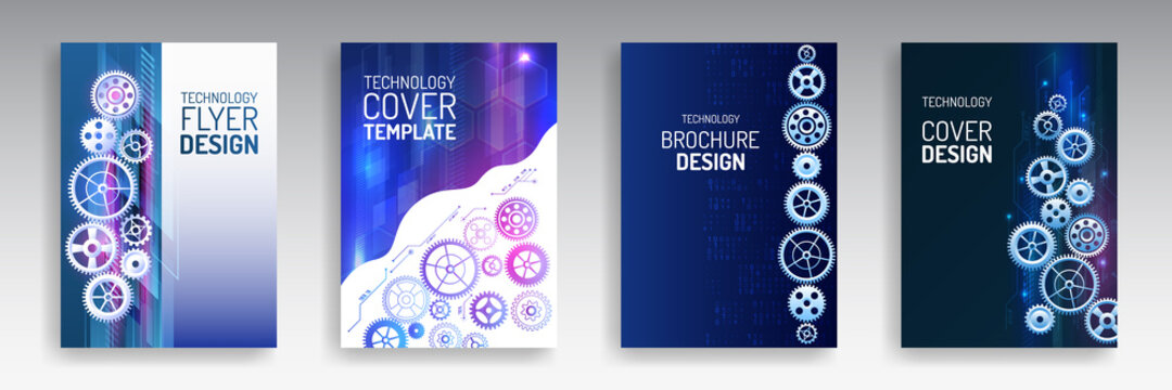 Contemporary science and digital technology concept. Vector template for brochure or cover with gears, mechanical elements background. Blue layout futuristic brochures, flyers, placards.