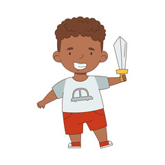 Cute African American Boy Playing with Toy Sword Having Fun On His Own Enjoying Childhood Vector Illustration