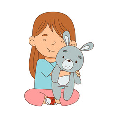Cute Girl Playing with Stuffed Hare Toy Having Fun On Her Own Enjoying Childhood Vector Illustration