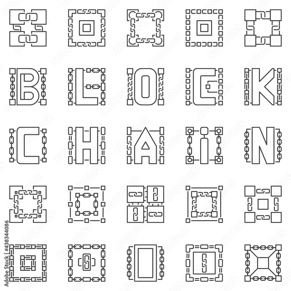 Poster block chain outline icons set. decentralized blockchain symbols