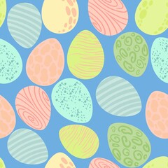 Seamless pattern of dinosaur eggs. Easter print in apostolic tones. Cute prehistoric animal. Bright children's print. Vector illustration on a white background