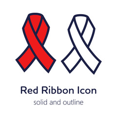 Crossed red ribbon, solid and outline symbol of AIDS