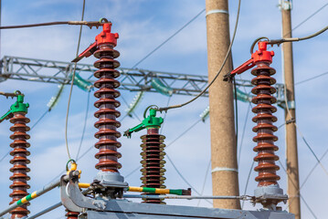 High voltage power transformer,generator electric in substation.Front view to high-voltage...