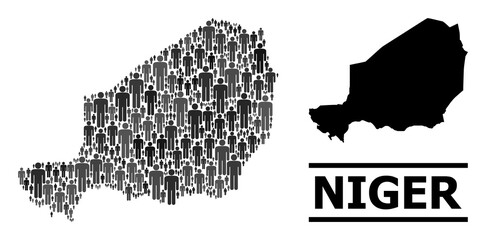 Map of Niger for national projects. Vector population mosaic. Concept map of Niger combined of crowd items. Demographic concept in dark grey color tints.