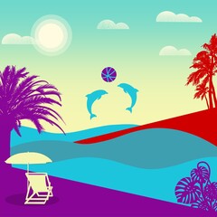 Fototapeta na wymiar Tropical island with ocean view and dolphins playing ball in the sea flat illustration 