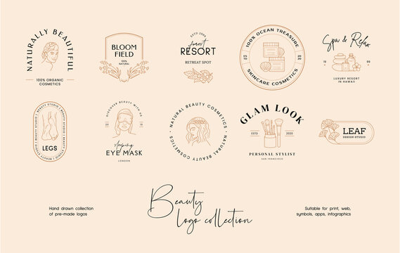 Hand drawn line art beauty vector logo design template collection. Illustration of elegant signs and badges for beauty, natural cosmetics, spa and wellness, fashion, wedding.