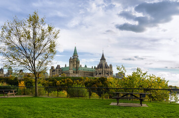 Beautiful Parliament Hill in Ottawa, Canada during cloudy day in Autumn season.