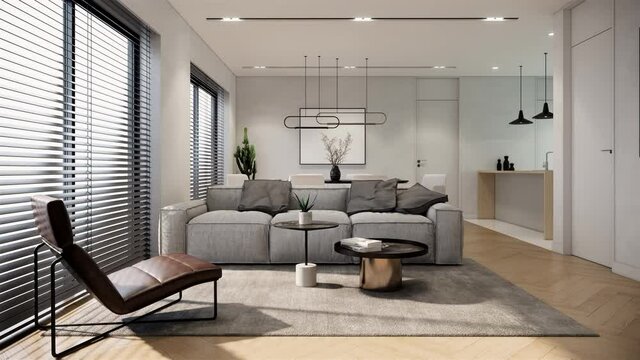 interior of modern scandinavian room with furniture. contemporary white apartment style. time lapse shot video 4k 3d animation