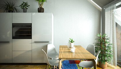 Küche mit Esstisch und Balkon
