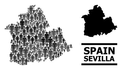 Naklejka premium Map of Sevilla Province for demographics propaganda. Vector demographics mosaic. Abstraction map of Sevilla Province created of human elements. Demographic concept in dark grey color tinges.