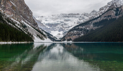 Cloudy morning view of Lake Louise in Banff National Park, Alberta, Canada.