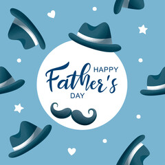 Happy Father's Day poster and banner template with cute illustration on blue background. Vector illustration for greeting card, shop, invitation, discount, sale, flyer, decoration.