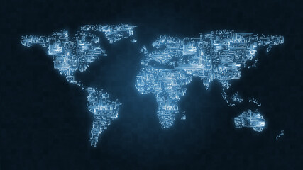 Blue internet digital world map as computer circuit illustrating big data and AI - 438347061
