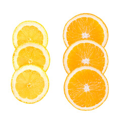 Three slices of lemons and oranges, isolated on white background