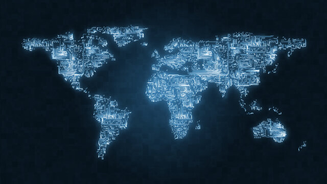 Blue internet digital world map as computer circuit illustrating big data and AI