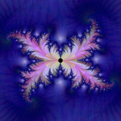 Carved shaggy pink fractal flower on a blue background. Gentle fractal magic.