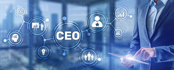 CEO concept. Businessman pressing virtual screen inscription boss