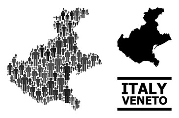 Fototapeta na wymiar Map of Veneto region for national purposes. Vector nation collage. Concept map of Veneto region composed of man items. Demographic concept in dark grey color variations.