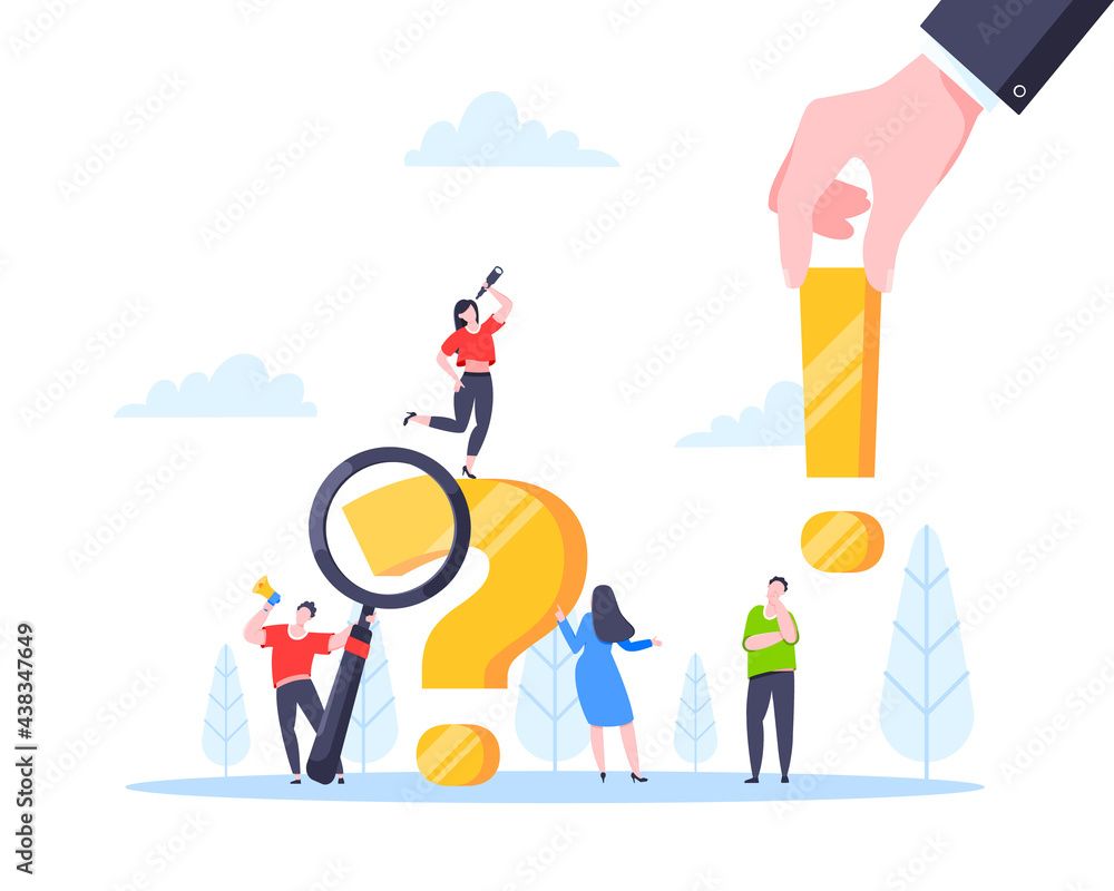 Poster q and a or faq concept with tiny people characters, big question and exclamation mark, frequently as