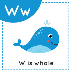 Naklejka premium Learning English alphabet for kids. Letter W. Cute cartoon whale.