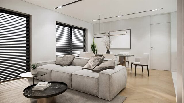 interior of modern scandinavian room with furniture. contemporary white apartment style. video 4k 3d animation