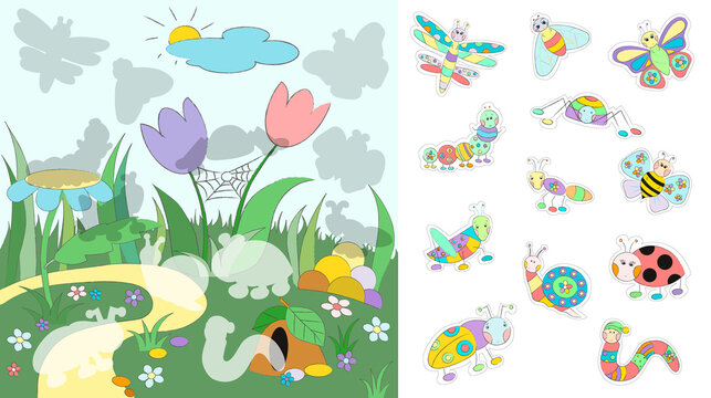 Set of stickers featuring cartoon cute insects (12 elements) with landscape background illustration with areas to paste. Vector illustration.