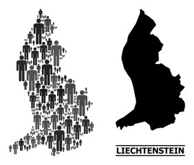 Map of Liechtenstein for social projects. Vector demographics mosaic. Concept map of Liechtenstein done of population pictograms. Demographic concept in dark gray color variations.