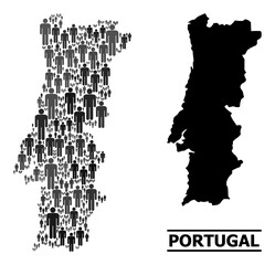 Map of Portugal for demographics applications. Vector demographics collage. Collage map of Portugal constructed of guy items. Demographic scheme in dark gray color tints.