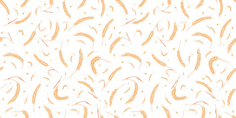 Seamless pattern with whole grain seeds organic, natural ears isolated on white background flat style design vector illustration. Wheat, barley or rye ears with straw chaotic version.