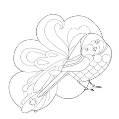 Contour linear illustration with bird for coloring book. Cute paradise bird, anti stress picture. Line art design for adult or kids  in zentangle style and coloring page.
