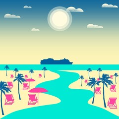 Fototapeta na wymiar Beach resort with sun umbrellas and chairs and cruise ship on the horizon flat illustration 
