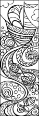 Сoloring page Boat in sea waves. Bookmark for book. Doodle patterns. Set of black and white labels. Sketch of ornaments for creativity of children and adults. EPS 8
