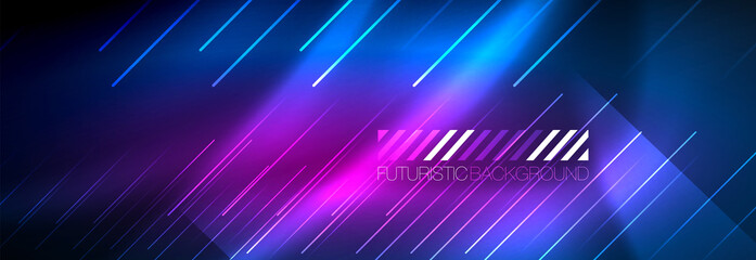 Neon glowing lines, magic energy and light motion background. Vector wallpaper template