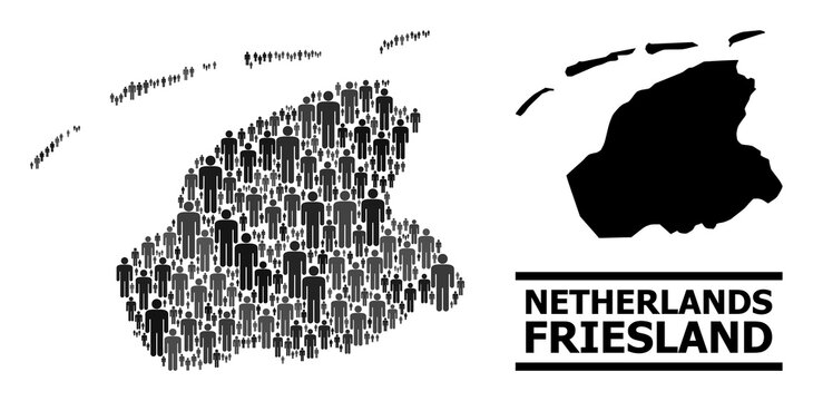 Map of Friesland Province for demographics projects. Vector demographics mosaic. Pattern map of Friesland Province composed of crowd items. Demographic scheme in dark gray color tints.