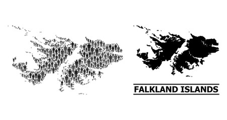 Map of Falkland Islands for national propaganda. Vector nation mosaic. Concept map of Falkland Islands created of people items. Demographic concept in dark gray color shades.