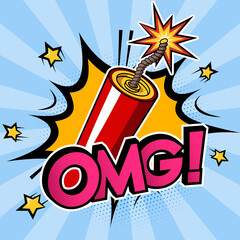 Dynamite stick or firecracker with a burning fuse, explosion and text OMG on blue background. Vector illustration in comic cartoon style - obrazy, fototapety, plakaty