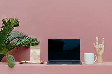 Laptop screen by palm leaves